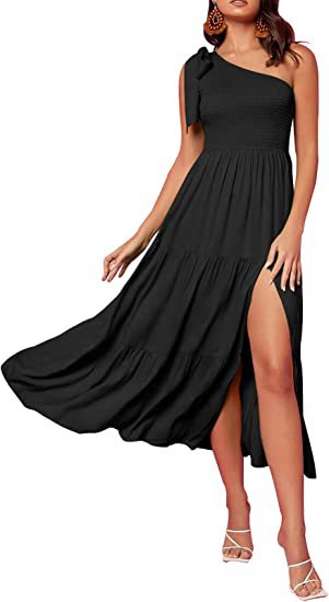 2023 New Summer Fashion Women's One-shoulder Pleated Layered Hem Split Dress (Copy)