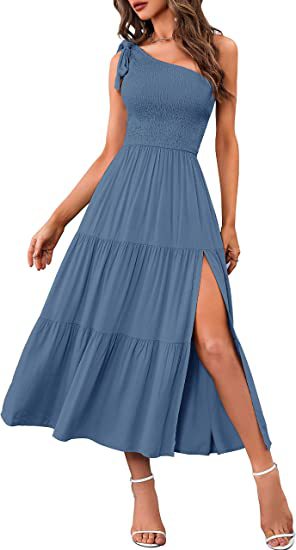 2023 New Summer Fashion Women's One-shoulder Pleated Layered Hem Split Dress (Copy)